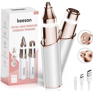 KEESON Facial Hair Removal for Women, 2-in-1 Electric Eyebrow Trimmer with LED Light, Rechargeable Hair Removal Device Face Shaver Facial Hair Remover for Women Face, Lip, Peach Fuzz (White)
