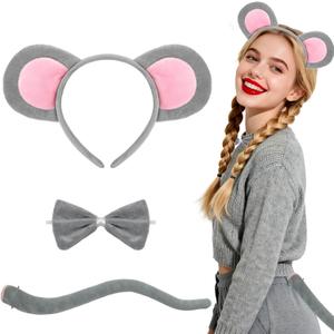 H-Style Mouse Ears Headband, Rat Ears Costume Accessories Women Adult- Rat Ears Headband, Gray Ear with Tail & Bow Tie, Halloween Cosplay Party Dress Up
