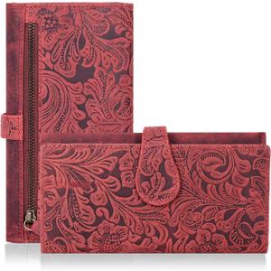 Real Leather Women Wallet Leather with RFID Blocking -Trifold Card Holder Designer Ladies Clutch with ID Window Wallets (Red1)