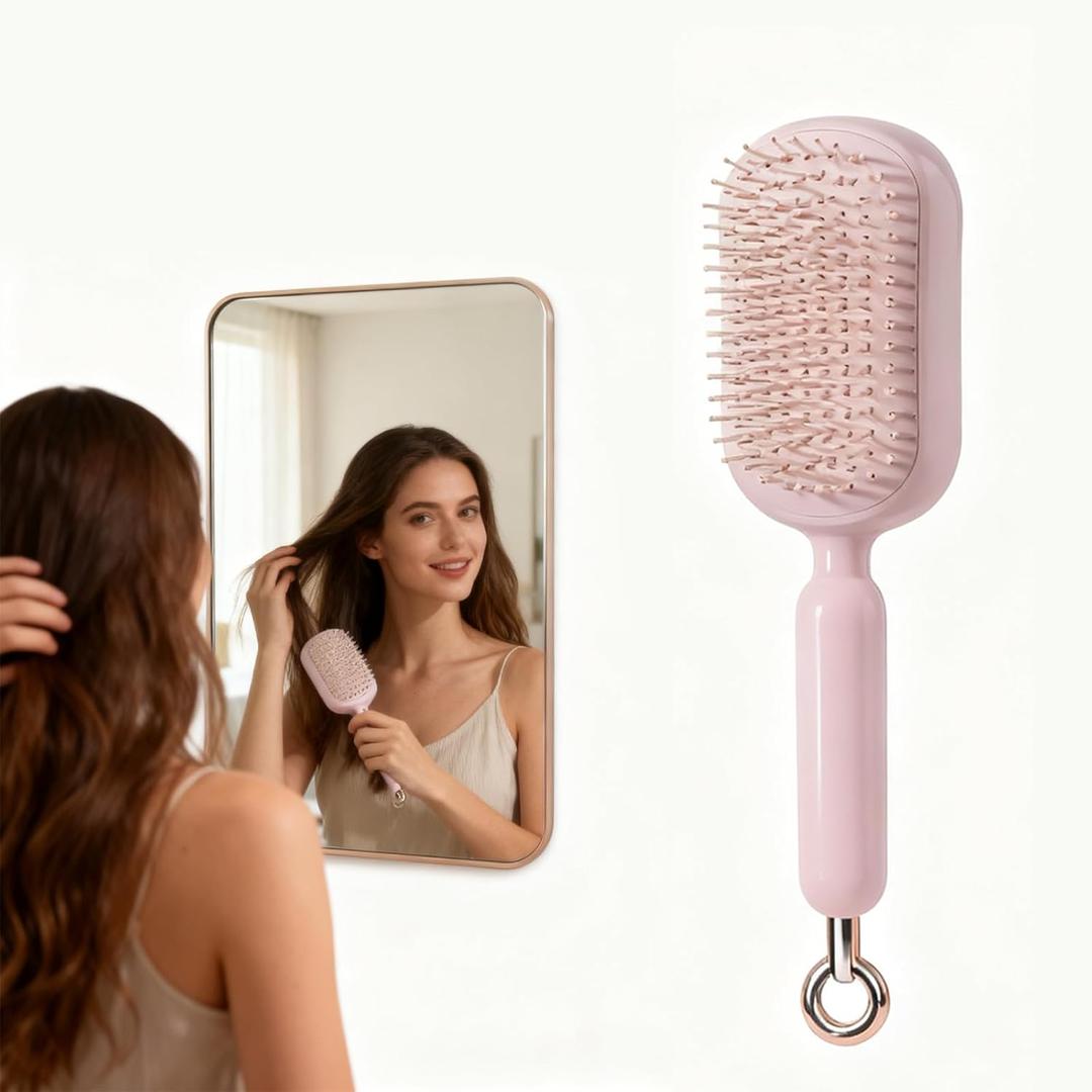 Retractable Cushion Massage Comb,Self Cleaning Hair Brush,Massage Comb With Retractable Bristles,One-pull Clean Anti Static Brushs, Hairs Styling Tools for All Hairs Types (Pink)