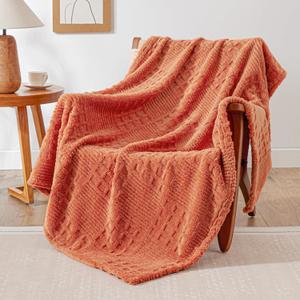 EXQ Home Fleece Throw Blanket for Couch or Bed - 3D Waffle Patchwork Pattern Jacquard Decorative Blankets - Cozy Soft Fuzzy Flannel Blanket Suitable for All Seasons(50"60",Terracotta)
