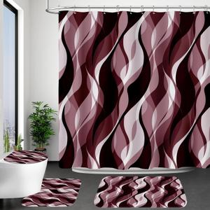 4PCS Burgundy Red Abstract Shower Curtain Sets with Rugs, Striped Bathroom Sets with Shower Curtain and Rugs, Modern Bathroom Curtains Shower Set with Toilet Lid Cover for Bathroom Decor