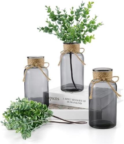 3 Glass Bud Vases 6.5“ H, Black Mason Jars with Fake Eucalyptus Centerpiece Vases with Hemp Rope for Weddings Parties Farmhouse Decor