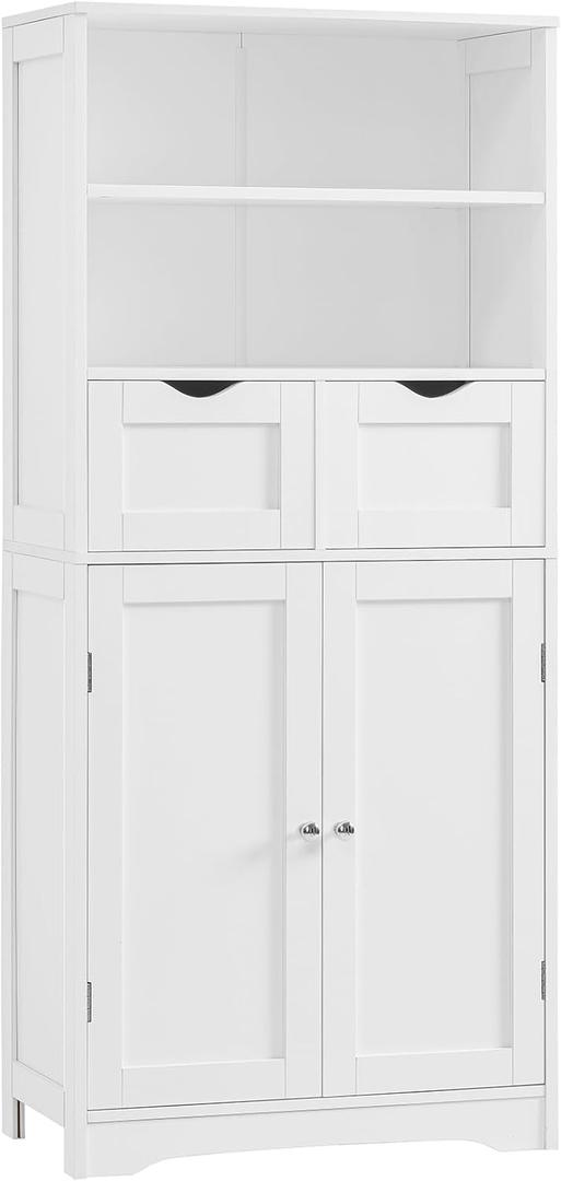 Iwell Tall Bathroom Cabinet, Storage Cabinet with 2 Drawers & Adjustable Shelves, Bathroom Storage Cabinet for Living Room, Dining Room, Entryway, White