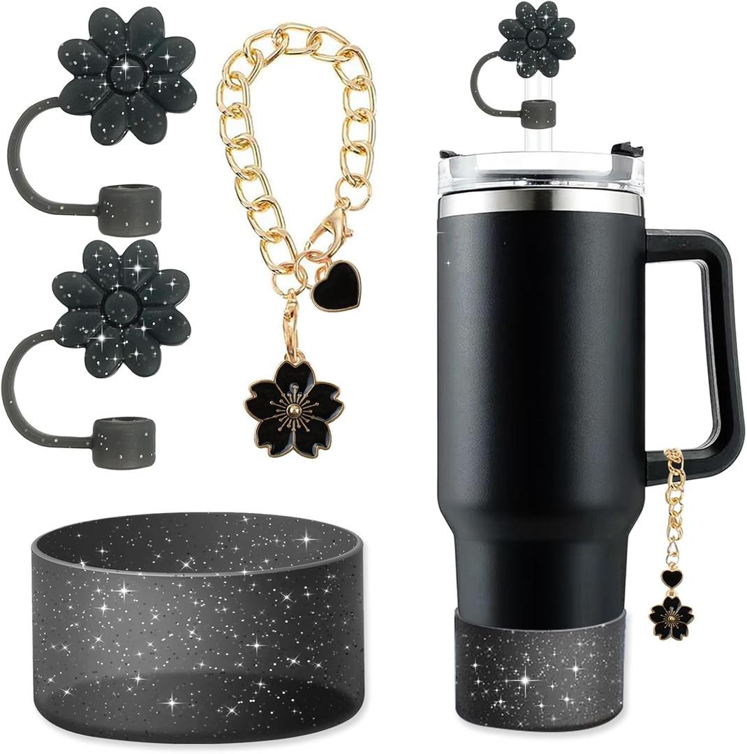 Accessories for Stanley Cup,2Pcs Silicone Flower Straw Cover Caps 10mm Glitter Black Straw Toppers,1Pcs Cute Handle Charm and 1Pcs Bling Silicone Boot Sleeve for Stanley 30&40oz Tumbler