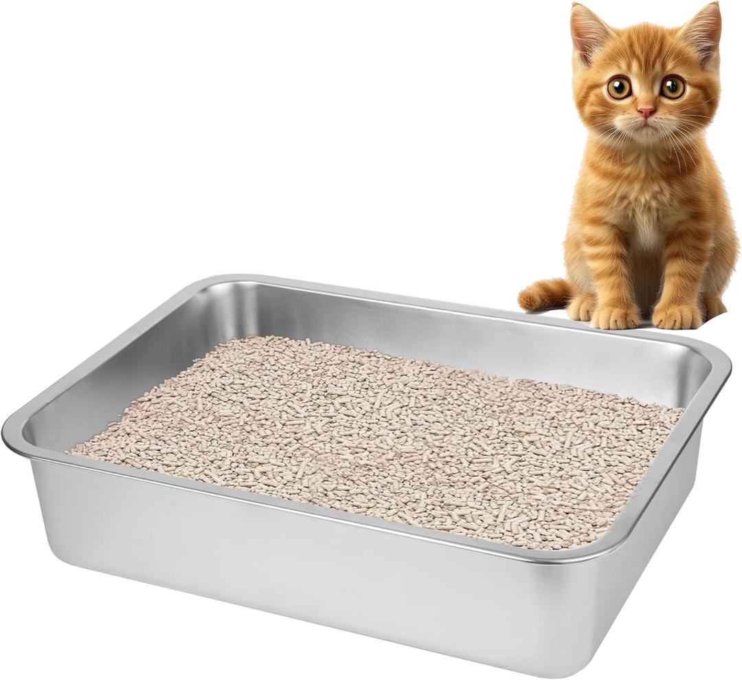 Stainless Steel Cat Litter Box for Big Cats,Small Stainless Steel,Large Metal Cat Litter Box-Easy to Clean.(17.5" L x 13.6" W x 4.1" H).
