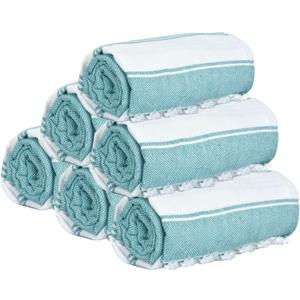 GLAMBURG Peshtemal Turkish Beach Towel Cotton Oversized 36x71 Set of 6 for Adults, Soft Durable Absorbent Extra Large Hammam Bath Sheet - Teal