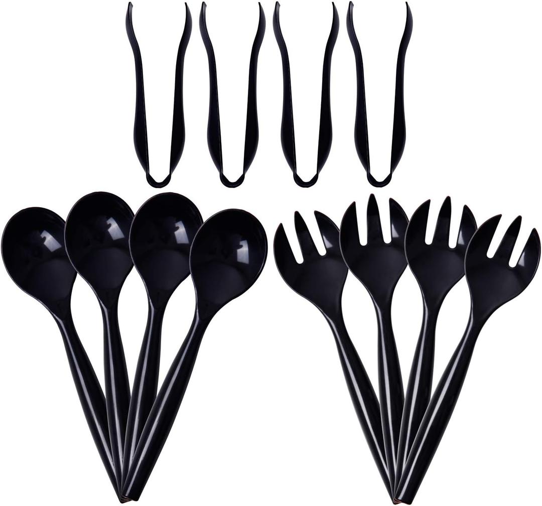 Supernal 72pcs Plastic Serving Utensils Heavy Duty Disposable Serving Tongs Black Disposable Serving Set 10" Spoons 10" Forks 6" Tongs Each 24pcs