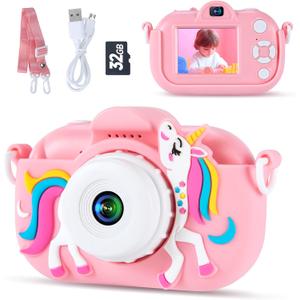 Kids Camera Toys for 3-8 Year Old Girls and Boys, Children Digital Camera with Cute Soft Silicone Case, 1080P Video Camcorder Present with 32GB SD Card  Birthday Gift for Kids (Pink)