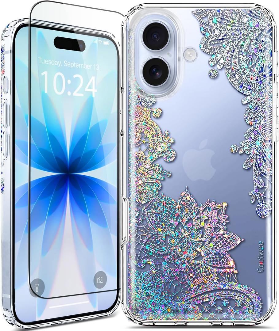Coolwee Clear Glitter for iPhone 17 Case with Screen Protector, Cute Cover for Girls Women, Slim Shockproof 10FT Drop Protection for iPhone 17 Phone Case Crystal Lace Bling Mandala Henna