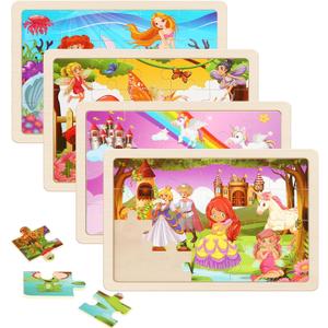 Wooden Puzzles Toys for Kids Ages 3-5, Set of 4 Packs with 20-Piece Unicorn Mermaid Princess Wood Jigsaw Puzzles, Preschool Educational Brain Teaser Toys for Girls 3 4 5 6 Years Old.