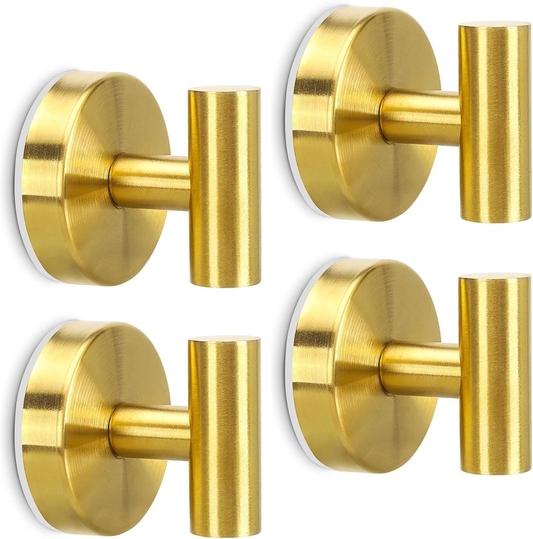 Towel Hooks Shower Suction Hook Towel Hanger for Bathroom Hanging Coat, Robe, Removable Wall Mounted Hook for Bedroom Kitchen Hotel Pool Brushed Gold(4-Pack)