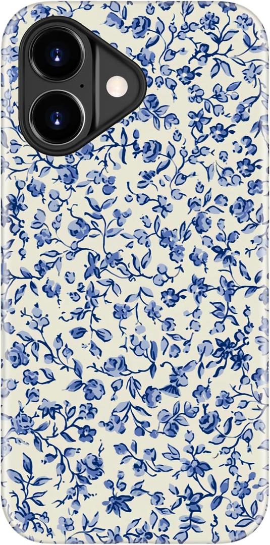for iPhone 17 Case Cute - Wireless Charging Compatible - Dual-Layer Hard Shell + Silicone Cover - Aesthetic Protective Trendy Phone Case for Women - Blue Flower Toile