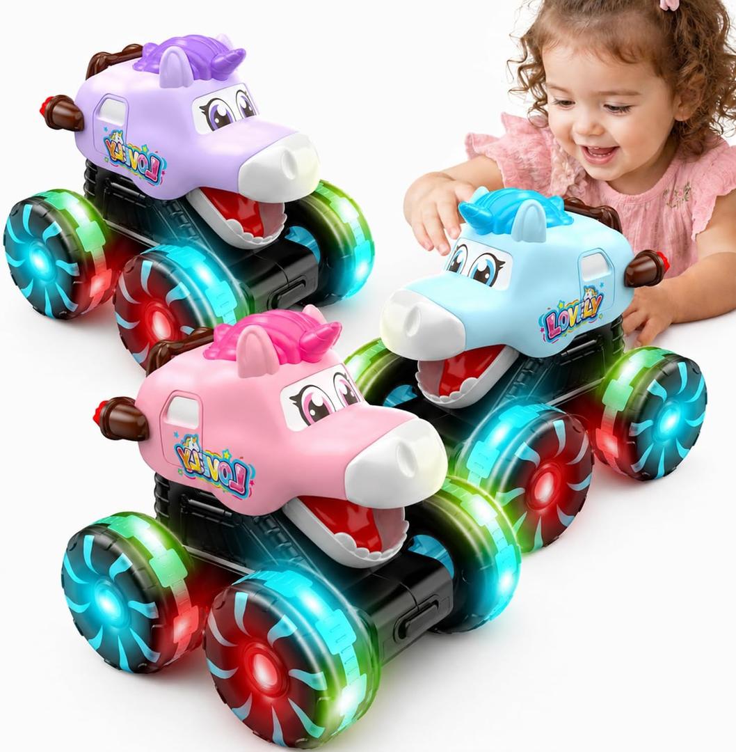 3 Pack Unicorn Monster Trucks Toy Cars For Toddlers 1-3, Press And Go Light Up Cars with LED Wheels & Chomping Mouth, Truck Toys For Kids Girls Boys, Car Toys for 1 2 3 4 Year Old Girl Birthday Gifts