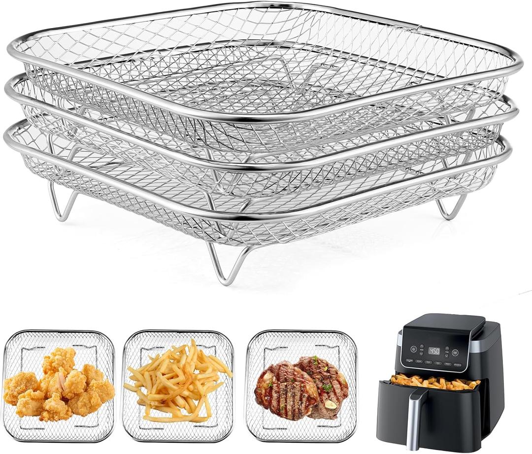 Square Air Fryer Rack Compatible with 6-8 QT Air Fryer,3pcs Stackable Stainless Steel Dehydrator Rack, Square Air Fryer Accessories for Cosori, Instant Vortex, Chefman Airfryer, Ninja Foodi Grill
