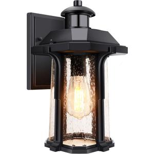 Motion Sensor Outdoor Lights, 3 Lighting Modes Porch Lights for House, Dusk to Dawn Light Fixture with Bulb, Waterproof Aluminum Anti-Rust Exterior Wall Light for Garage, Large Size Motion Activated (13.4in, Black)