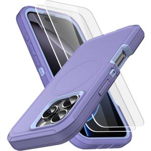 MXX for iPhone 16 Pro Case, Heavy Duty 3-Layer Rugged Cover with Tempered Glass Screen Protector, Shockproof Dustproof Anti-Drop Full Body Protection (6.3")  Light Purple