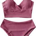 ZAFUL Women Tankini Set, Ribbed High Cut Surplice Swimsuit Bathing Suit with Spaghetti Straps (Small, 0-pale Violet Red-surplice)