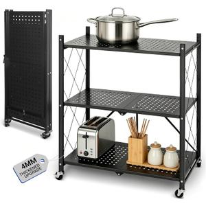 LIWSHWZ Thickened 4MM | Foldable 3 Tier Shelf, Collapsible Metal Rolling Cart with Wheels, No Assembly Organizer Storage Rack for Kitchen, Bedroom, Pantry, Garage, Display, Black, 28 x 13.4 x 35.6 inches