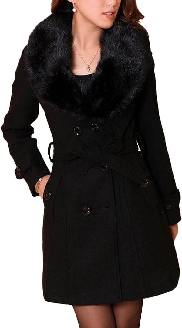 SOMTHRON Women's Winter Midi Long Pea Coat Double Breasted Faux Fur Collar Wool Blend Trench Coat Overcoat with Belt (XS, Black)