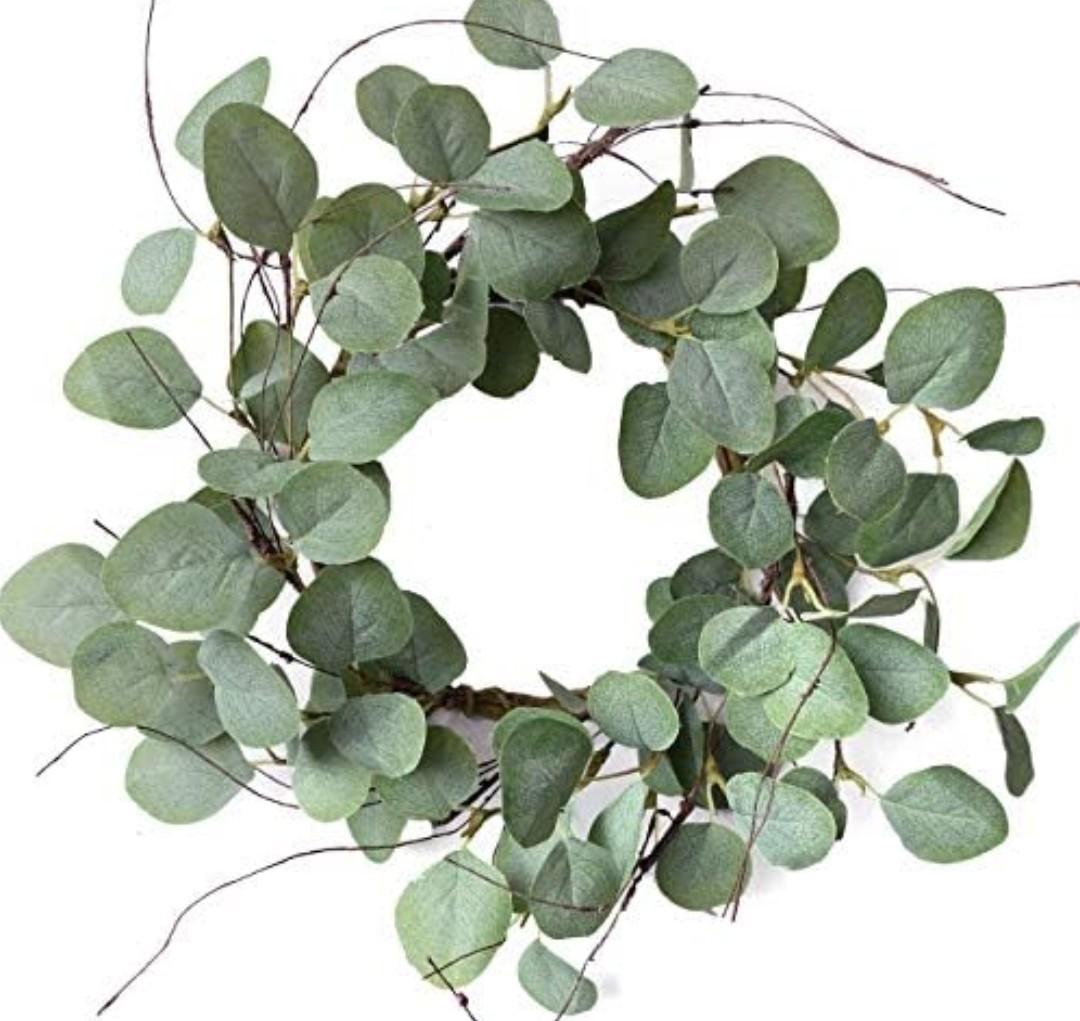 idyllic Eucalyptus Leaves Wreath Metal Polyester Green Wreath 14 Inches for The Front Door Décor, 3 Pack