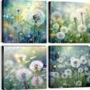 Teal Nature Dandelion Wall Art Bathroom Decor Colorful Modern Botanical Canvas Prints for Living Room Watercolor Dandelion Picture Country Flower Painting Bedroom Kitchen Home Decorations 20x20" 4 Pcs