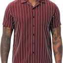 TUNEVUSE Men Hawaiian Shirt Vintage Striped Shirt Short Sleeve Summer Beach Causal Cuban Collar Shirt with Pocket Red Large