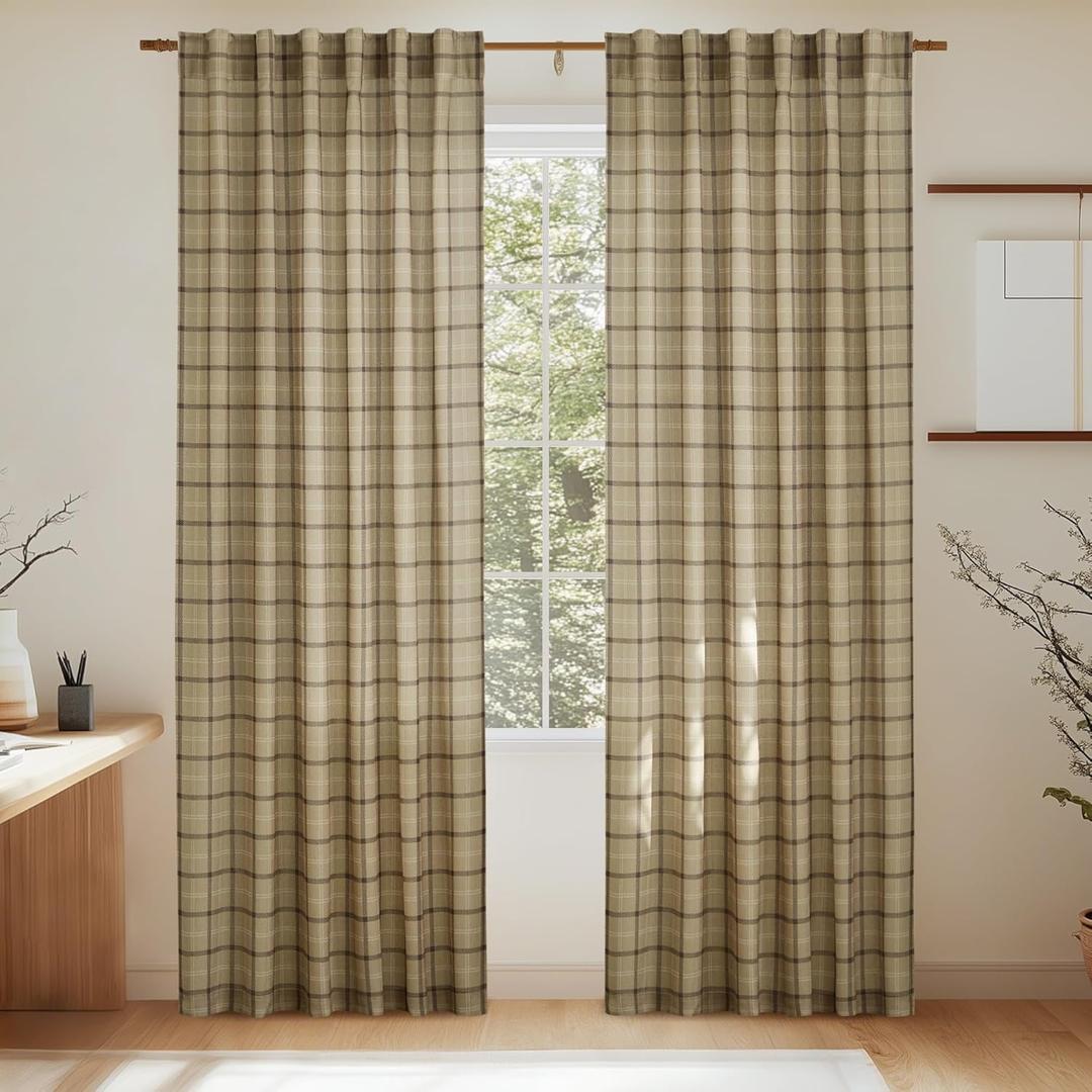 NICETOWN Linen Plaid Curtains 96 inches Long Grid Pattern Light Filtering Privacy Shade for Living Room Bedroom, Farmhouse Rod Pocket Back Tab Semi Sheer Curtains, 1 Pair, Linen, 52W x 96L
