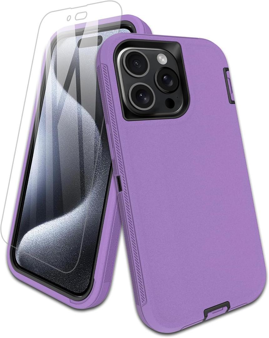 for iPhone 15 Pro Case with Tempered Glass Screen Protector, 16ft Drop Protection, with Dustproof Port Cover, 3-Layer Heavy Duty Shockproof Phone Case, Black/Purple