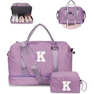 Girl Duffle Bag with Shoe Compartment, Tween Weekend Duffle Bag, Monogram Overnight Bag for Women with Trolley Sleeve & Wet Pocket, Letter Kids Travel Bag with Makeup Bag (Letter K)