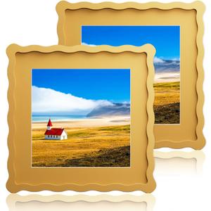 10x10 Wavy Picture Frame With Mat For 8x8, Wavy Edge Wooden Picture Frame with Real Glass - Wall Mount and Tabletop Display, Yellow, 2 Pack