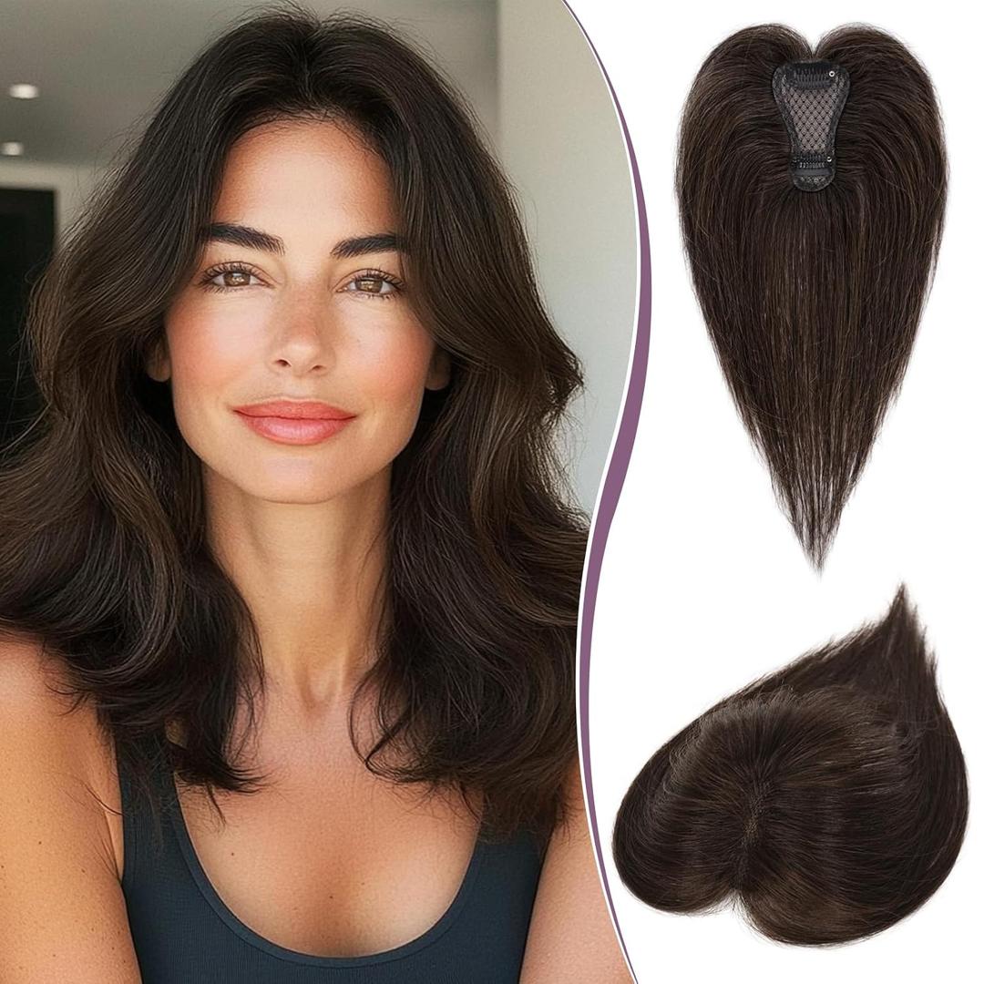 RUWISS Hair Toppers for Women Real Human Hair Lightweight Clip in Hair Piece Fluffy Straight, Dark Brown with 15% Dark Cocoa Blonde