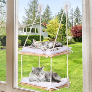 Cat Window Perch - Hammock with Biege Cushion Bed & Solid Wood Seat - Strong Suction Cups - Indoor Hanging Window Shelf for Cats & Kittens (2-Layer)
