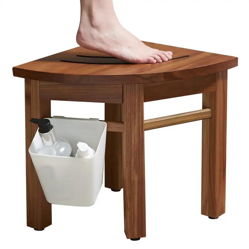 Lovitgo 12'' Teak Shower Stool for Shaving Legs, Corner Shower Stool for Inside Shower, Waterproof Teak Shower Bench for Bathroom, Small Wood Shower Stool for Foot Rest, Indoor or Outdoor Use
