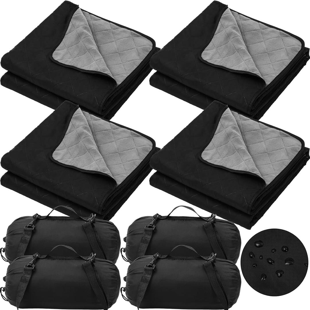 Tranqun 4 Pcs Large Outdoor Blanket 78'' x 55'' Quilted Windproof Waterproof Fleece Sandproof Stadium Water Resistant Foldable Warm Blanket for Camping Picnic Sporting Events Cold Weather (Black)