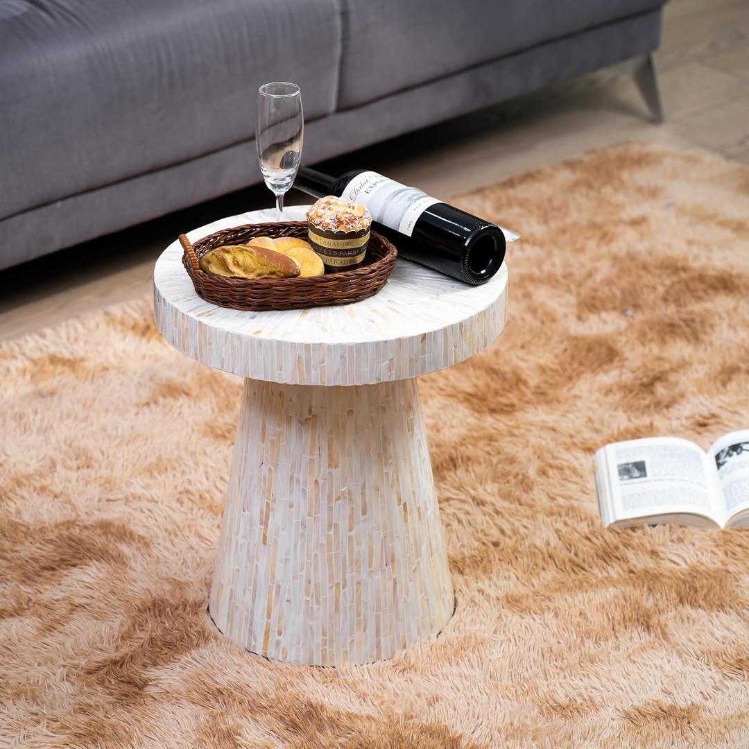 PEMAR Mother of Pearl Pedestal Side Table Modern Mushroom Minimalist Drink Accent End Table for Small Space, Bedside for Bedroom, Living Room, Hallway (White & Cream Sunlight)