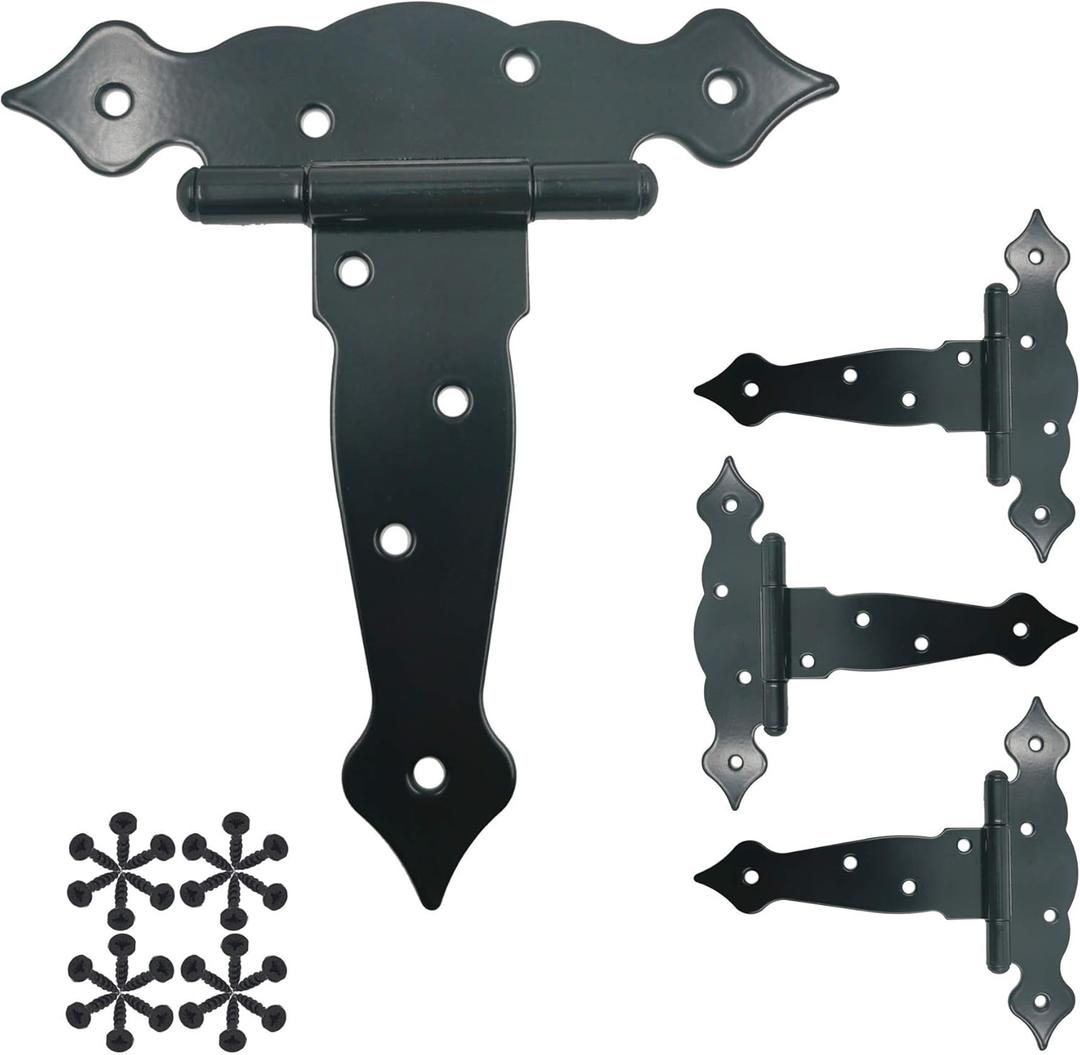 HLMOptimo 6 inch Strap Hinges Shed Door Hinges Heavy Duty T-Strap Hinges Shed Hinges for Wooden Fences Barn Doors Rustproof Decorative Classic Hinge w/Screws (4, 6 inch)