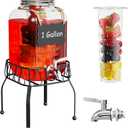 OneDream Glass Drink Dispenser for Parties, 1Gallon Beverage Dispenserd with Stand, Lemonade Dispenser with Stainless Steel Spigot and Fruit Infuser, Come with Ice Cylinder, Used as Sun Tea, Juice (1 Gallon)