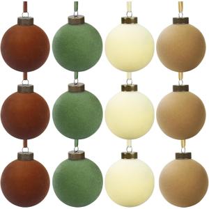 12 Pcs Velvet Christmas Balls Bulk Shatterproof Plastic Christmas Tree Decorations for Decorative Hanging Baubles (12, BrownGreenBeigeKhaki, 3.94Inch)
