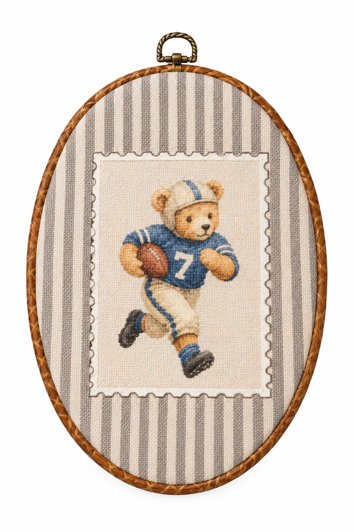 2 x Fewgb Vintage Football Bear Nursery Oval Wall Art Decor Framed, Rugby Baby Boys Toddler Kids Room Playroom Bedroom Canvas Wall Art Prints Picture, Neutral Striped Hanging Room Decor Artwork 9x12