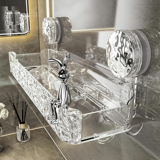 AYWSTC Shower Caddy Suction Cup, Wall Mounted Suction Shower Rack Organizer, No Drilling Clear Shelf Basket with 4 Movable Hooks, Bathroom Storage Rack Suitable for Smooth Walls