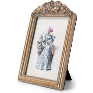 Vintage 5x7 Picture Frame with Flower Antique Ornate Table Top and Wall Mounting Photo Frame with High Definition Glass Front for Home Decor, Photo Gallery, Art (5x7, Gold)