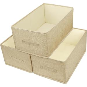 Open Storage Bins with Handle BOPEY Clothes Organizer Container Linen Fabric Foldable Basket for Home Closet Shelves Nursery Toys Books Beige Large 3-pack (BP006)