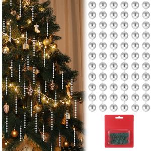 Geelin Sliver 100 Set Bead for Christmas Tree Pearl Ornaments for Christmas Tree Plastic Faux Pearls Garland Decorations with Green Hooks Bead Hanging Ornaments for Xmas Wedding Home Decor