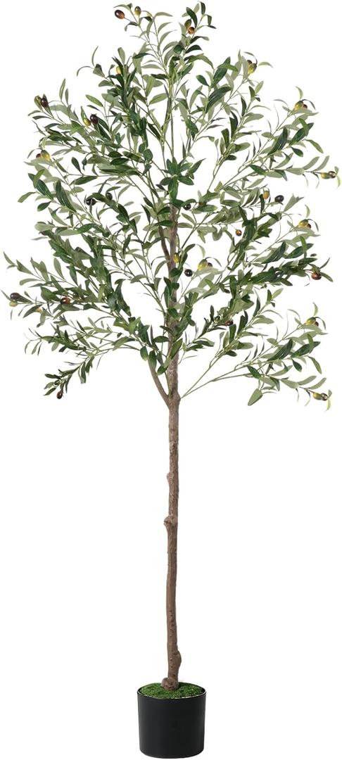 Olive Tree, 6FT Tall Faux Olive Tree with Moss and Planter, Olive Trees Artificial Indoor with Realistic Wood Trunk and Lifelike Fruits, Fake Tree for Home Office Living Room Decor (5ft 10in)