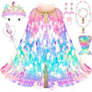 Princess Dress Up Toys Princess Dress Up Clothes Rainbow Mermaid Cape Kit 9 Pcs Gift Set for Little Girls 3-8 Years