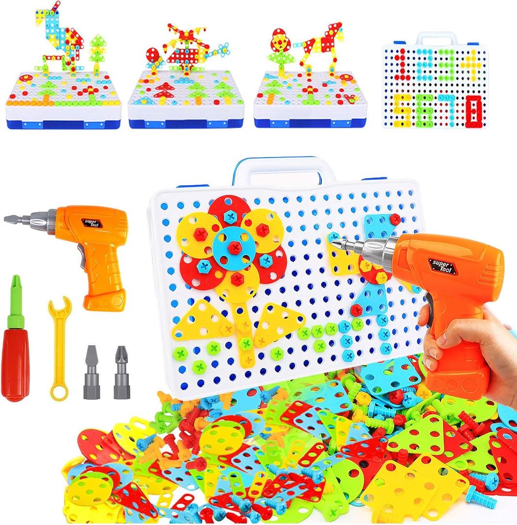 HAPTIME STEM Toys for 3 4 5 6 7 8 Year Old,Design and Drill Toy for Kids Ages 3-8, 193 Pcs Electric Drill Toy,Creative Building Toys,Magic Montessori Play Toolbox for Toddler Boys Girls Preschool