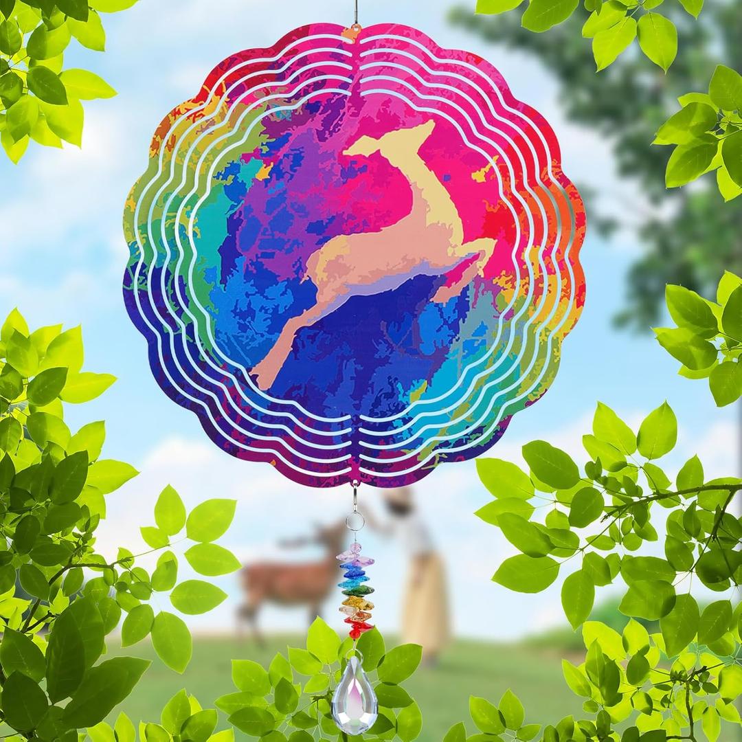 Christmas Deer Wind Spinner Outdoor with Crystal Sun Catcher - 3D Stainless Steel Metal Wind Spinners 12 in Garden Art for Patio Yard Decor Decorations for Home,House Outdoor
