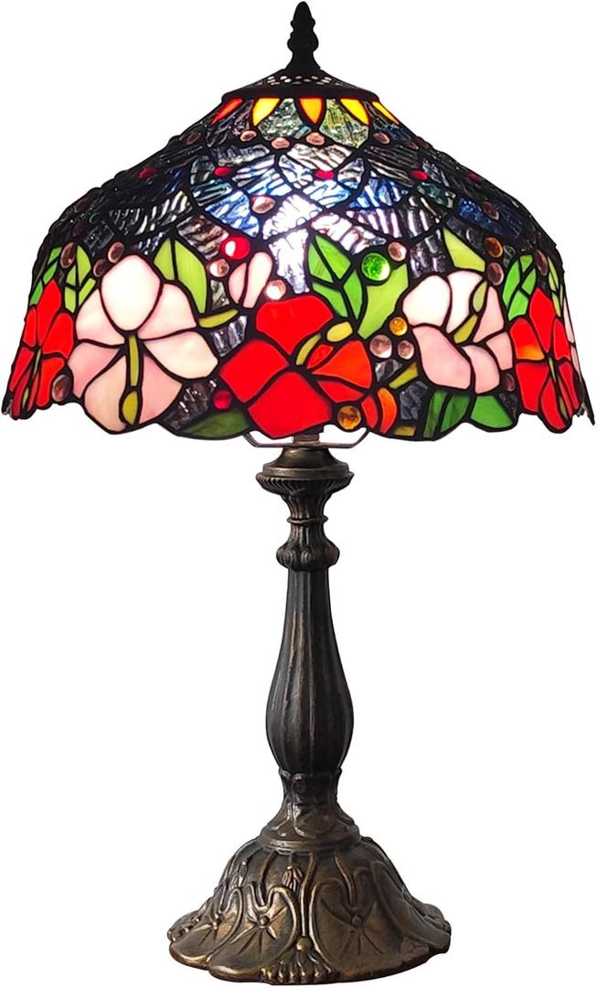 Tiffany Lamp Stained Glass Table Lamp Tiffany Style 3-Way Vintage Beside Reading Light 12 inch Flowers Style Antique Nightstand Light (Red Pink Flowers)