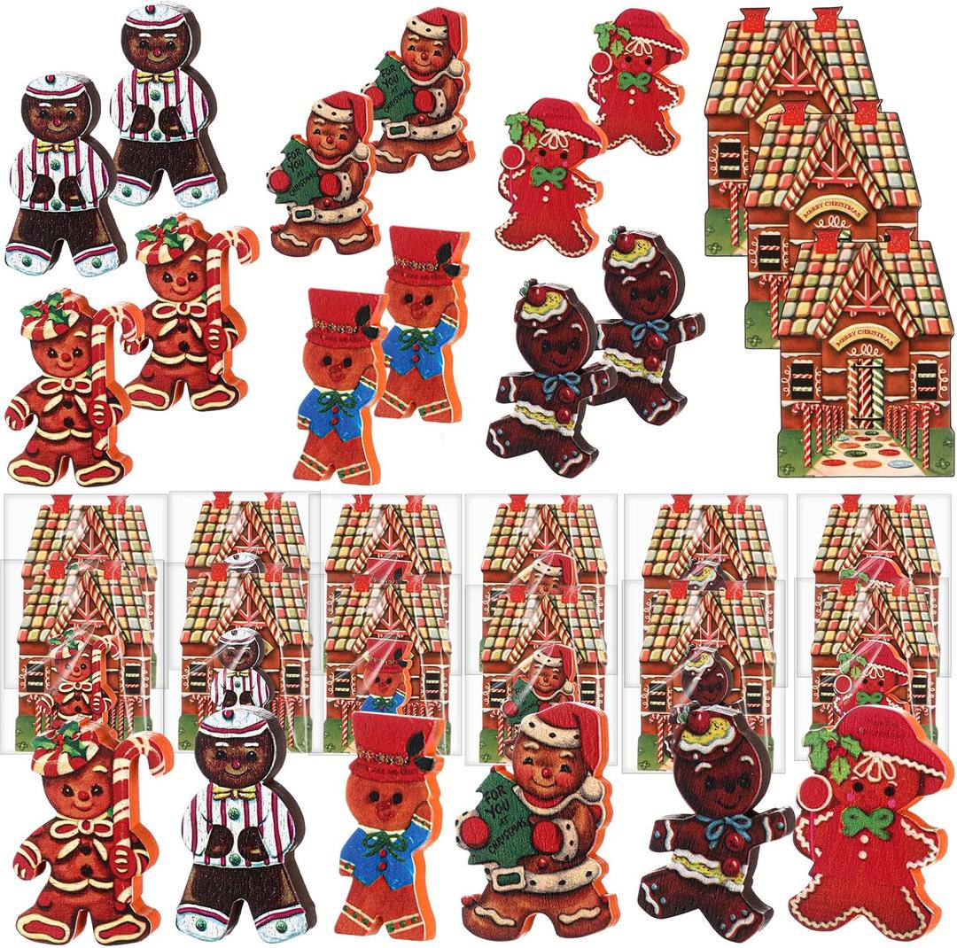 48 Pcs 24 Sets Vintage Christmas Cards with Vintage Wooden Gingerbread Ornaments Retro Gingerbread Man Christmas Ornaments Bulk for Home Xmas Party Supplies
